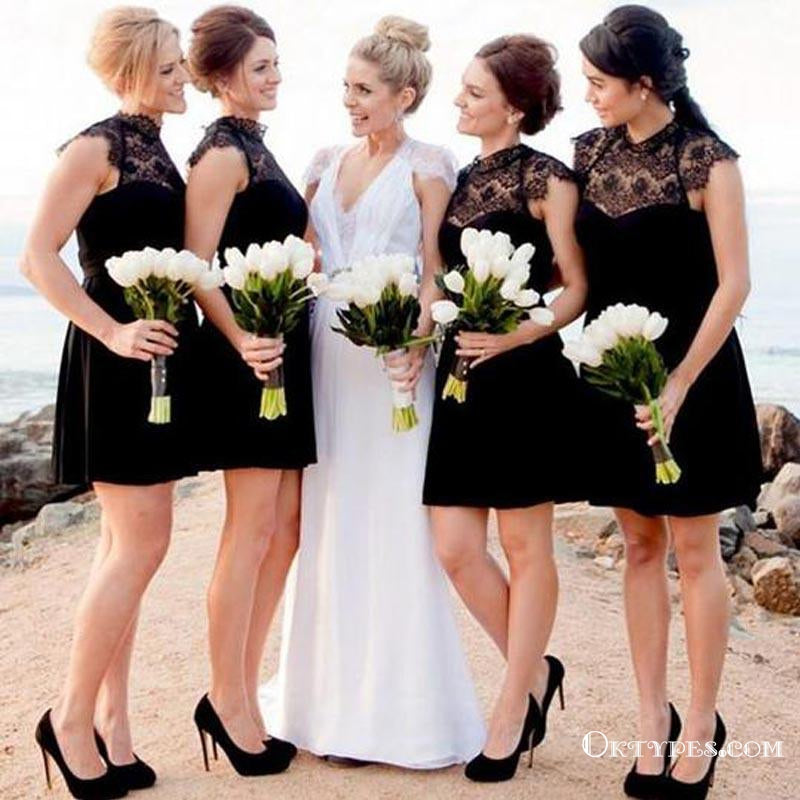 Simple Black Sleeveless A Line Short Bridesmaid Dresses With Lace, TYP1805