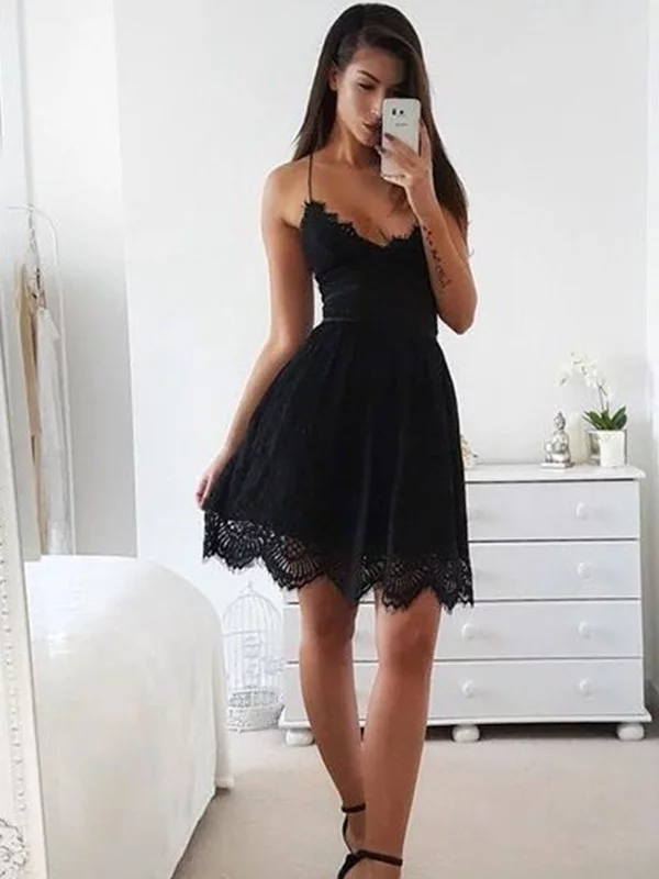 Spaghetti Straps Sleeveless Short Black Lace Simple Homecoming Dresses, TYP1101