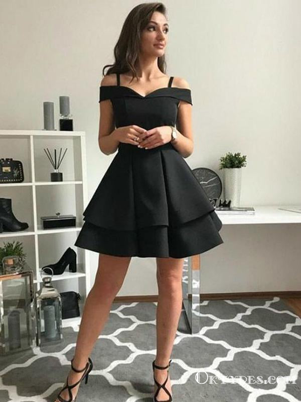 Cute A-Line Off the Shoulder Open Back Black Satin Short Homecoming Dresses, TYP1993