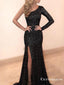 Gorgeous Mermaid One Shoulder Long Sleeve Black Long Prom Dresses , TYP1668