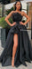 Strapless Feather Draped Satin Black High Split Custom Made Formal Party Gowns Prom Dresses, PDS0065