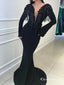 Black Long Sleeves Beading Long Mermaid Evening Gowns Backless Prom Dresses, TYP1695