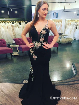 Mermaid Spaghetti Straps Long Black Prom Dresses with Appliques, TYP1827