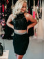 Two Piece Tight Jewel Black Satin Homecoming Dresses with Beading, TYP1086