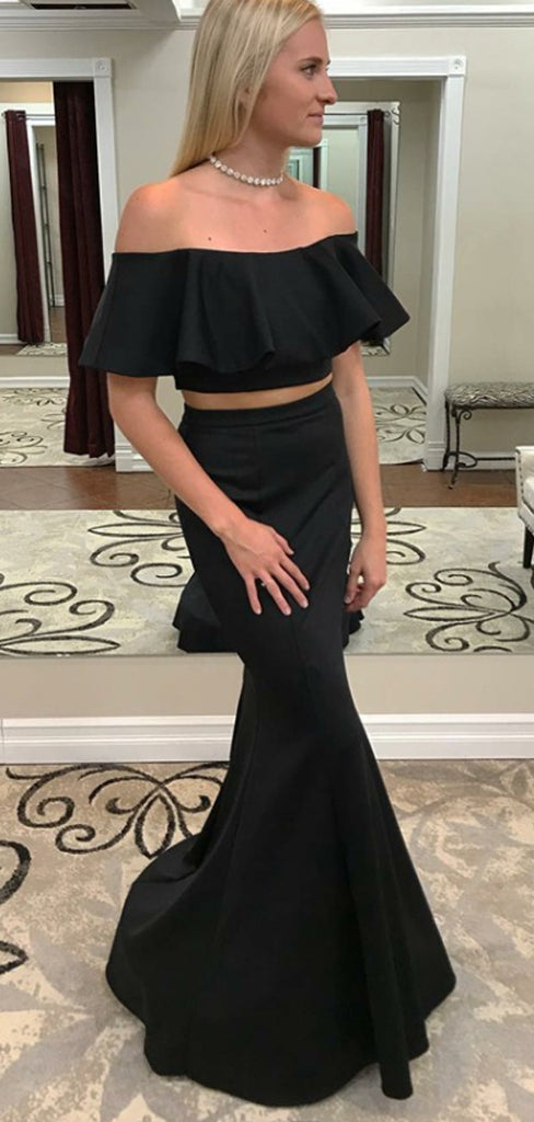 Two Piece Mermaid Off-the-Shoulder Black Prom Dresses with Ruffles, TYP1280