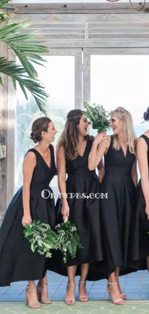 High-Low V-neck Black Satin A-line Long Cheap Bridesmaid Dresses, BDS0080