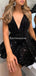 Sexy Deep V-neck Sparkly Black Sequin A-line Cheap Short Homecoming Dresses, HDS0016