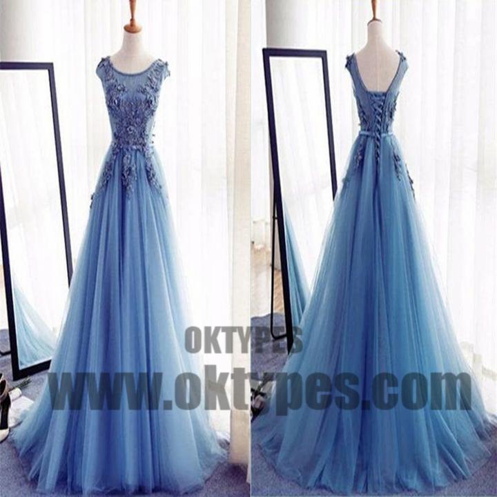 Charming Scoop Appliques Ball Gown Tulle Prom Dresses, Lace Up Prom Dresses, TYP0485