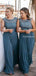 Charming Round Neckline Blue Chiffon Side Slit Long Cheap Bridesmaid Dresses, BDS0043
