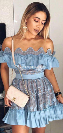 Off-The-Shoulder Blue Lace A-line Cheap Short Homecoming Dresses, HDS0026