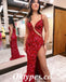 Sexy Spaghetti Straps V-Neck Sleeveless Side Slit Mermaid Long Prom Dresses, PDS0864