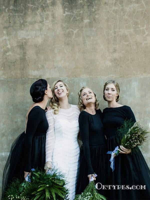 Long Sleeves Black Jersey Top Tulle Skirt Bridesmaid Dresses, TYP1857