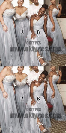 Mismatched Rhinestone Shinny Top Light Grey Long A-line Side Slit Bridesmaid Dresses, TYP0646