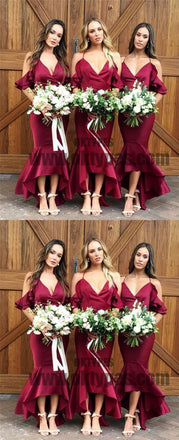 Red Off Shoulder Strap V-neck Long Mermaid Soft Satin Bridesmaid Dresses, TYP0677