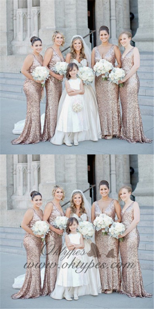 Sparkly Mermaid V-Neck Long Rose Gold Sequined Bridesmaid Dresses, TYP1476
