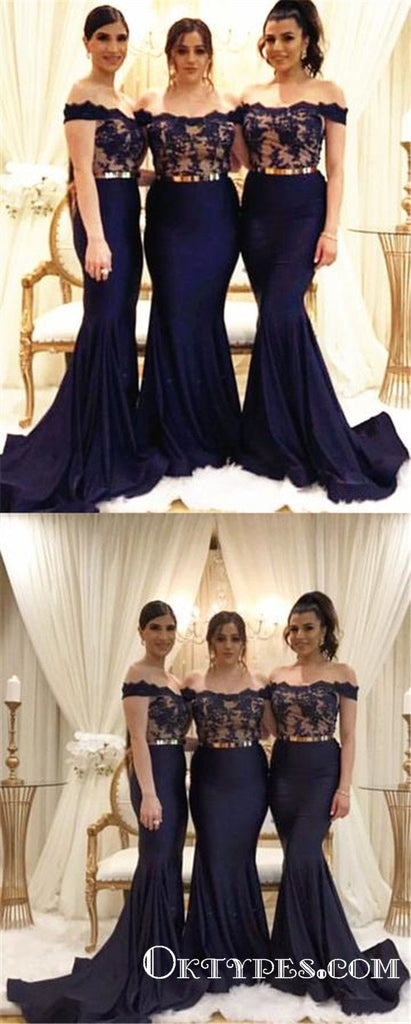 Lace Appliques Mermaid Long Cheap Bridesmaid Dresses With Gold Belt, TYP1980