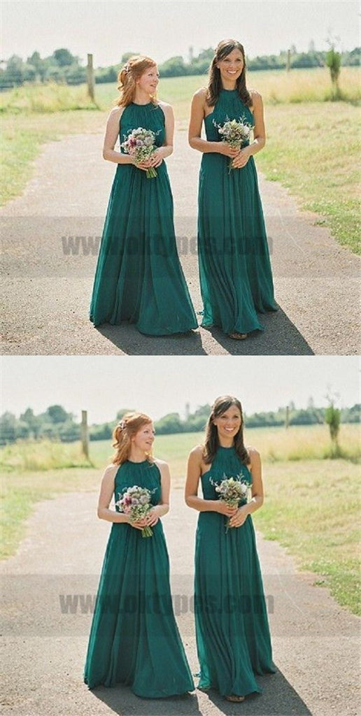 Cheap Halter Green Custom Chiffon Long Bridesmaid Dresses, TYP0815