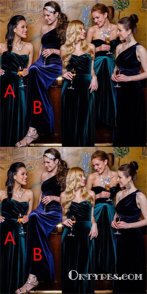 Mismatched Green And Royal Blue Long Cheap Velvet Bridesmaid Dresses, TYP1752
