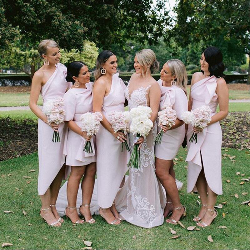 Charming One Shoulder Pink Side Slit Long Cheap Wedding Party Bridesmaid Dresses, BDS0003