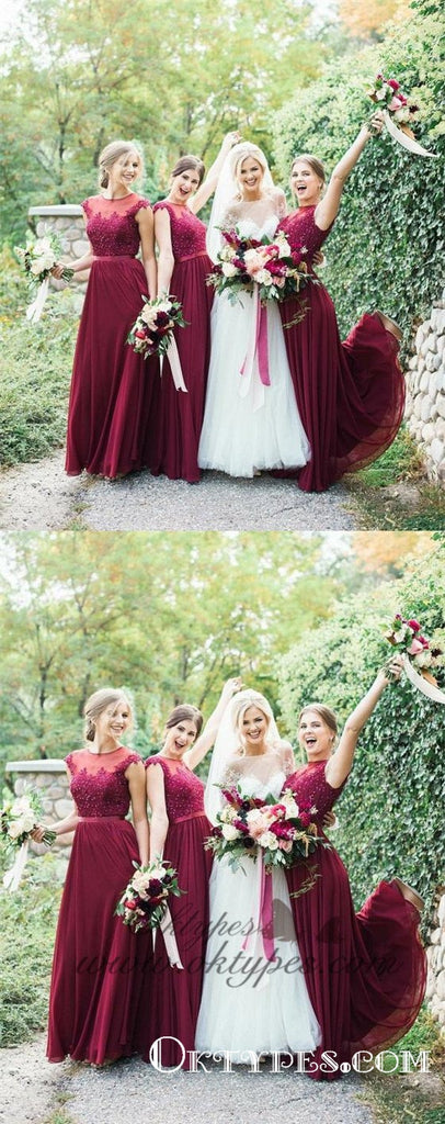 Burgundy Long Bridesmaid Dresses Modest Lace Applique Formal Dresses, TYP1234