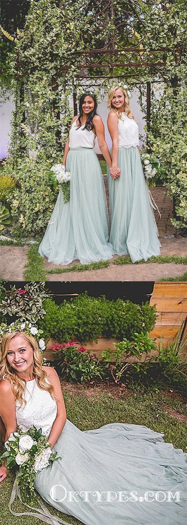 Simple Mismatched A-line Mint Tulle Long Cheap Bridesmaid Dresses, TYP1833