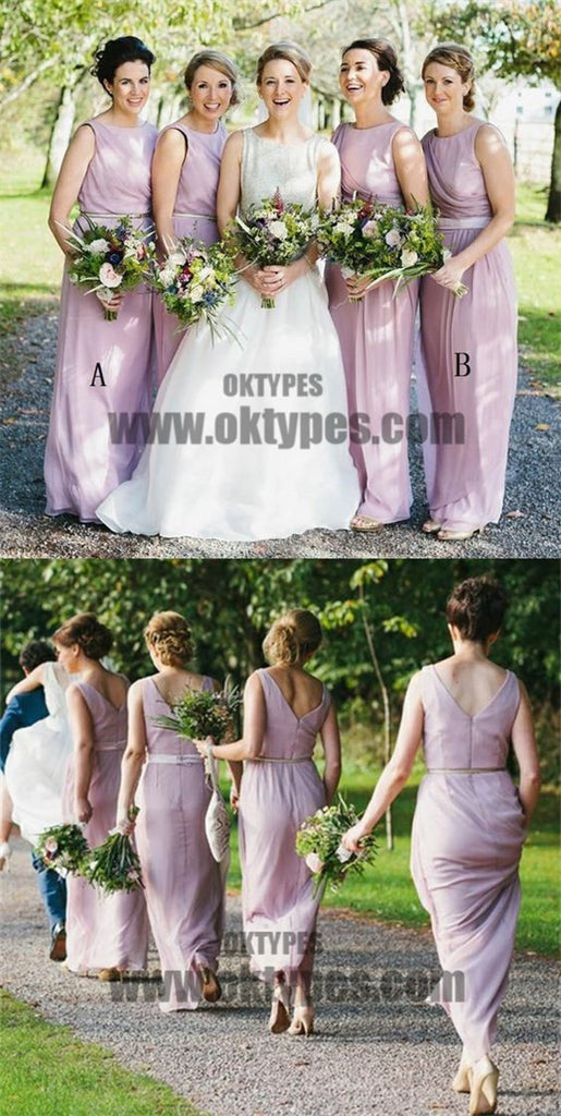 Light Purple Scoop Sleeveless Long Pleats Backless Zipper Chiffon Bridesmaid Dresses, TYP0506