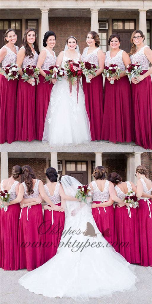 A-Line V-Neck Long Cheap Fuchsia Bridesmaid Dresses with Lace, TYP1539