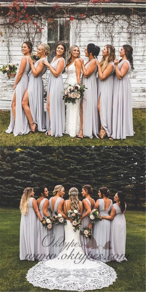 A-Line V-neck Backless Long Cheap Light Grey Chiffon Bridesmaid Dresses with Split, TYP1366
