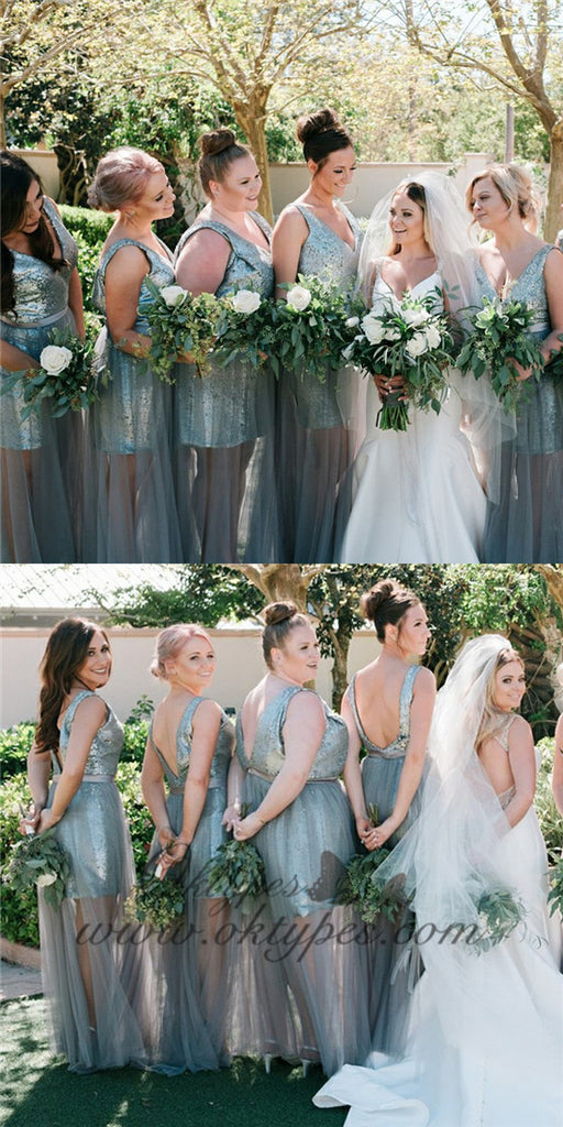 Sheath V-Neck Backless Grey Bridesmaid Dresses with Sequins, TYP1537