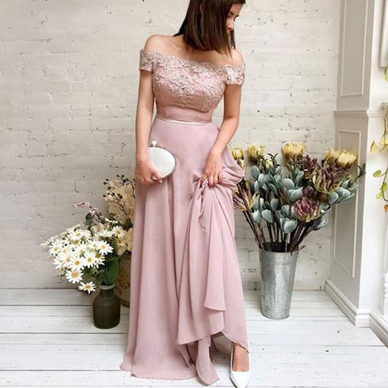 Charming Off-The-Shoulder Dusty Pink Chiffon Appliqued Chiffon Long Cheap Bridesmaid Dresses, BDS0006