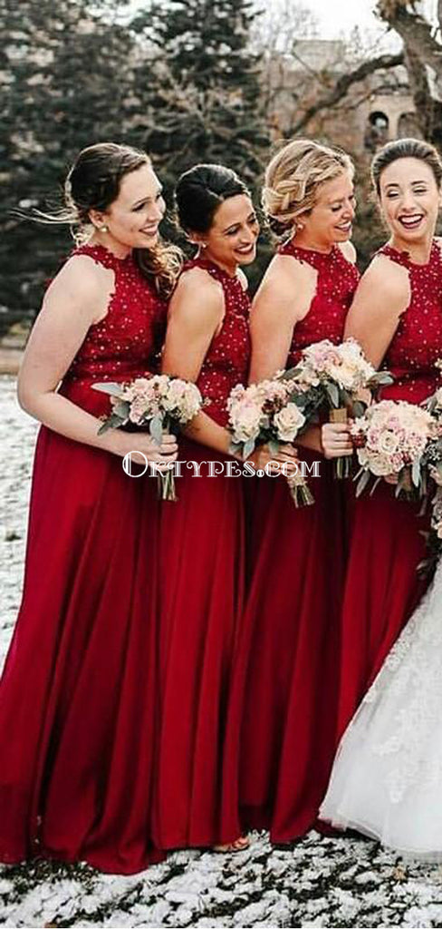 A-Line Halter Long Red Bridesmaid Dresses with Appliques Sequins, TYP1556