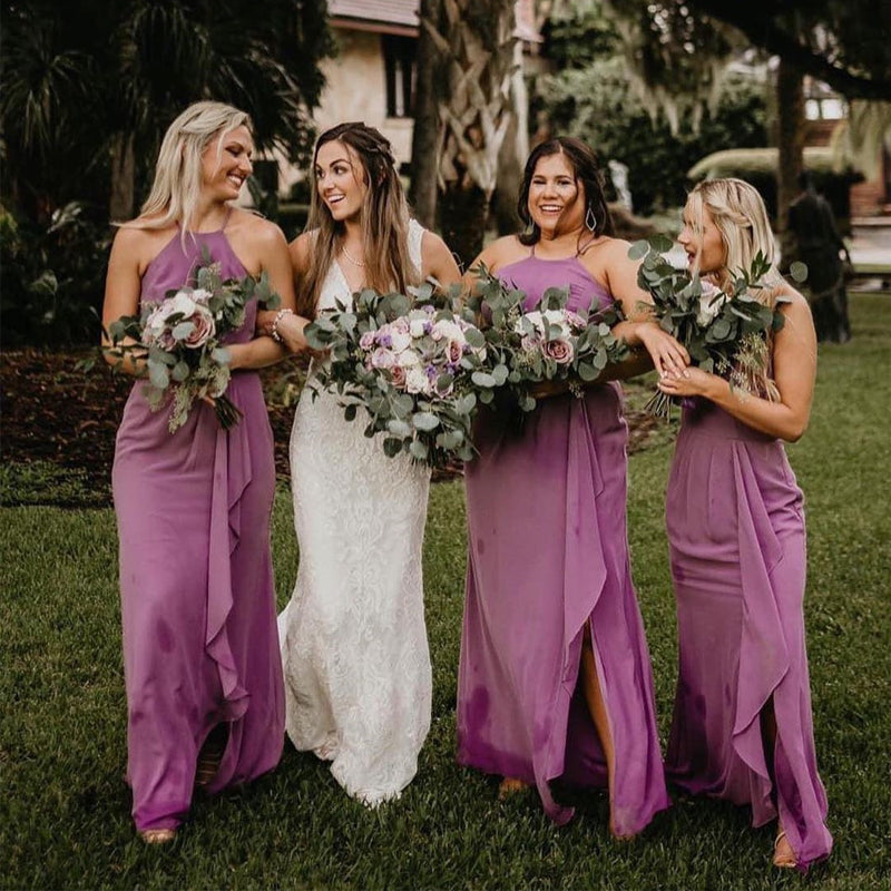 Purple Halter Starp Side Slit Chiffon Long Cheap Bridesmaid Dresses, BDS0098