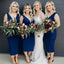Elegant Simple V-neck Royal Blue Satin Tea-Length Long Cheap Bridesmiad Dresses, BDS0025