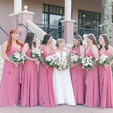 Mismatched V-neck Chiffon A-line Long Cheap Bridesmaid Dresses, BDS0065