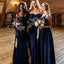 Mismatched Navy Blue Spaghetti Strap A-line Long Cheap Bridesmaid Dresses, BDS0008