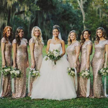 Sparkly Champagne Sequin Short Sleeves Backelss Mermaid Long Cheap Bridesmaid Dresses, BDS0057