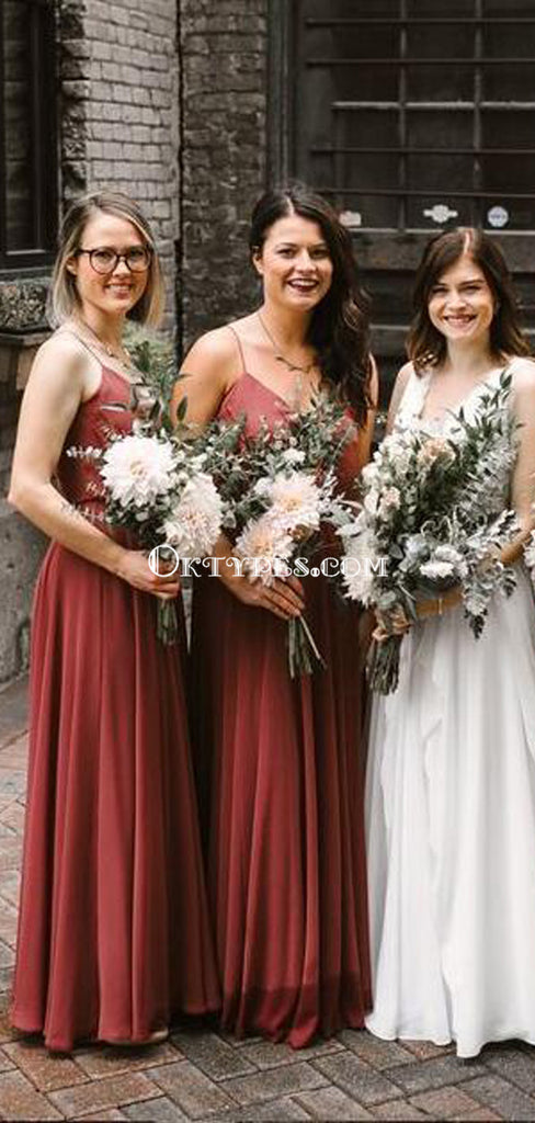 Cheap New Arrival Spaghetti Straps V-Neck Long Simple Bridesmaid Dresses, TYP1403