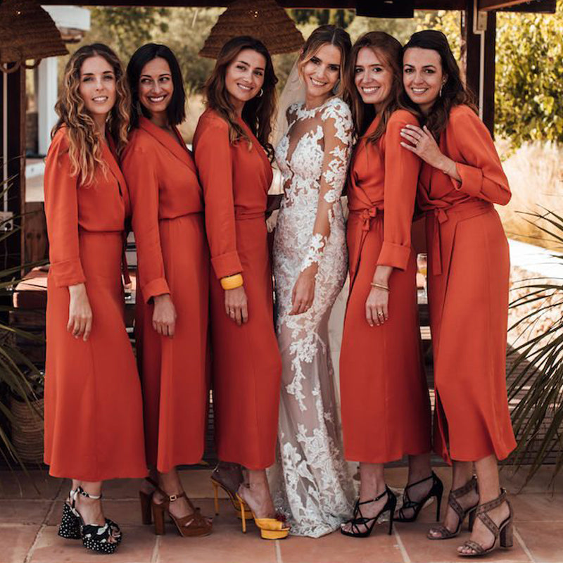Long Sleeves V-neck Orange Side Slit Long Cheap Bridesmaid Dresses, BDS0094
