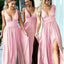 Sexy Deep V-neck Pink Jersey Side Slit A-line Long Cheap Charming Bridesmaid Dresses, BDS0037