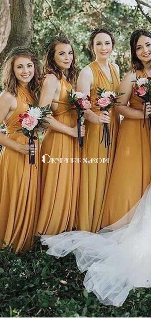 A-Line V-neck Long Cheap Yellow Jersey Convertible Bridesmaid Dresses, TYP1363