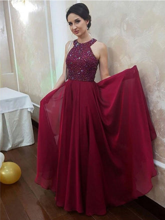 Burgundy Halter Formal Top Beaded Long Chiffon Prom Evening Dresses, TYP1513