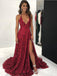 Long Lace Burgundy Formal Evening Gowns Spaghetti Strap Prom Dresses with Slit, TYP1229
