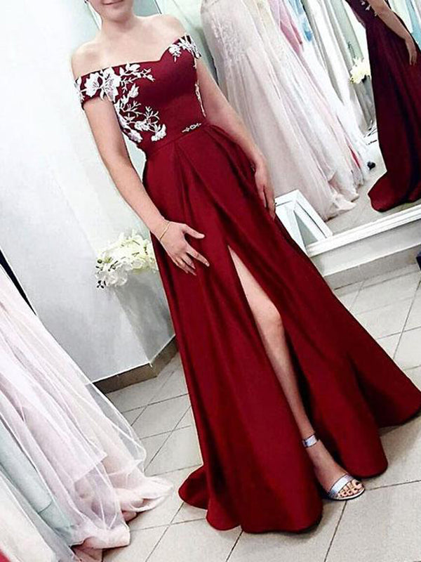 Burgundy Off Shoulder Floor Length Satin Prom Dresses with Split, TYP1606