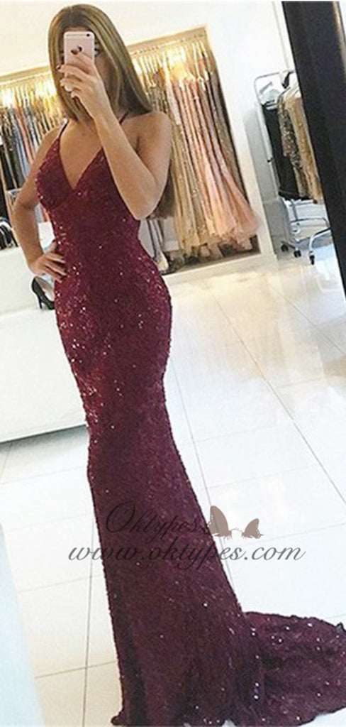 Mermaid Spaghetti Straps Backless Burgundy Lace Prom Dresses with Beaded, TYP1508
