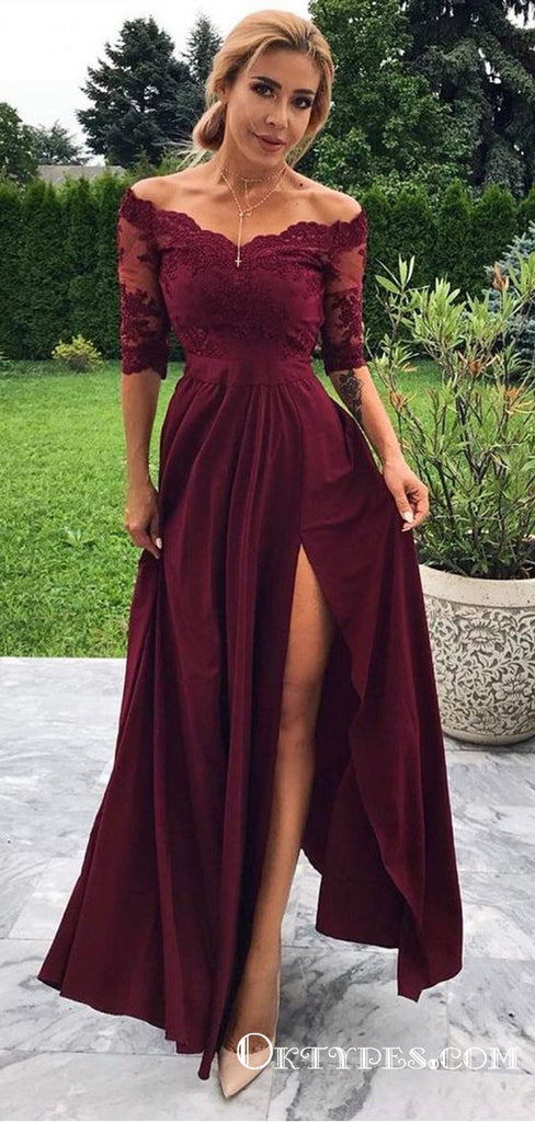 Charming Burgundy Off Shoulder Half Sleeves A-line Prom Dresses With Slit, TYP1643