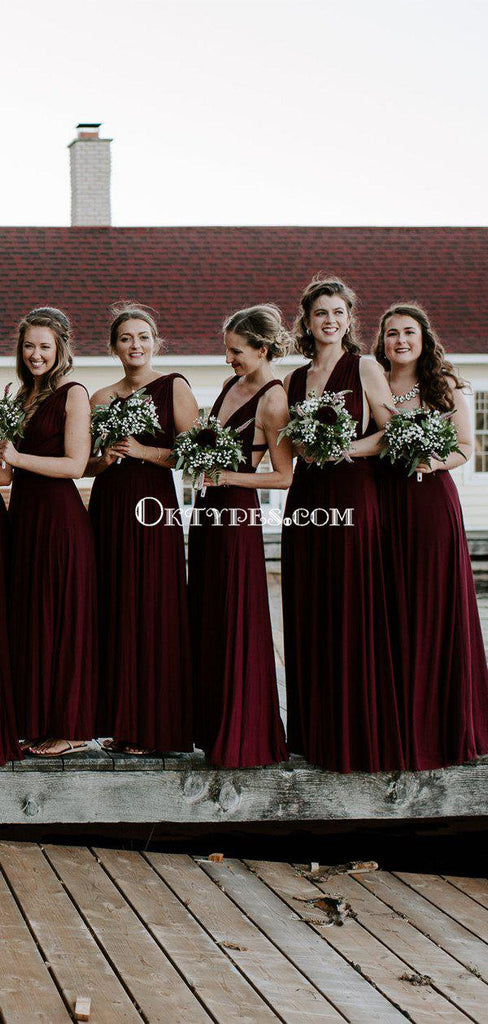 Mismatched Burgundy Jersey A-line Long Cheap Bridesmaid Dresses, BDS0074