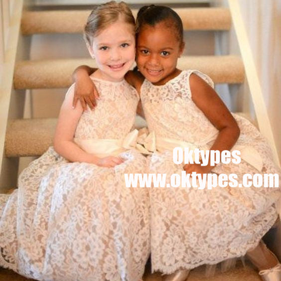 A-Line Round Neck Ivory Lace Flower Girl Dress with Sash, TYP0907