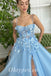 Elegant Blue Tulle Spaghetti Straps Side Slit A-Line Long Prom Dresses With Applique,PDS0730