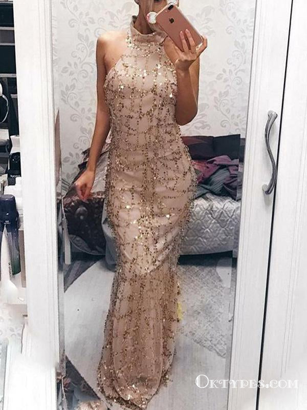 Champagne Foraml Evening  Long  High Neck With Sequins Prom Dresses, TYP1658