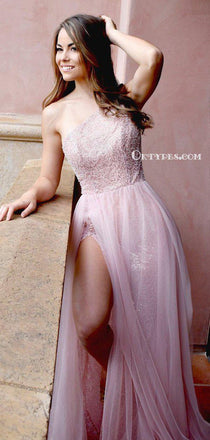 One Shoulder Sparkly Pink Sequin Sexy Side Slit A-line Long Cheap Formal Evening Prom Dresses, PDS0078